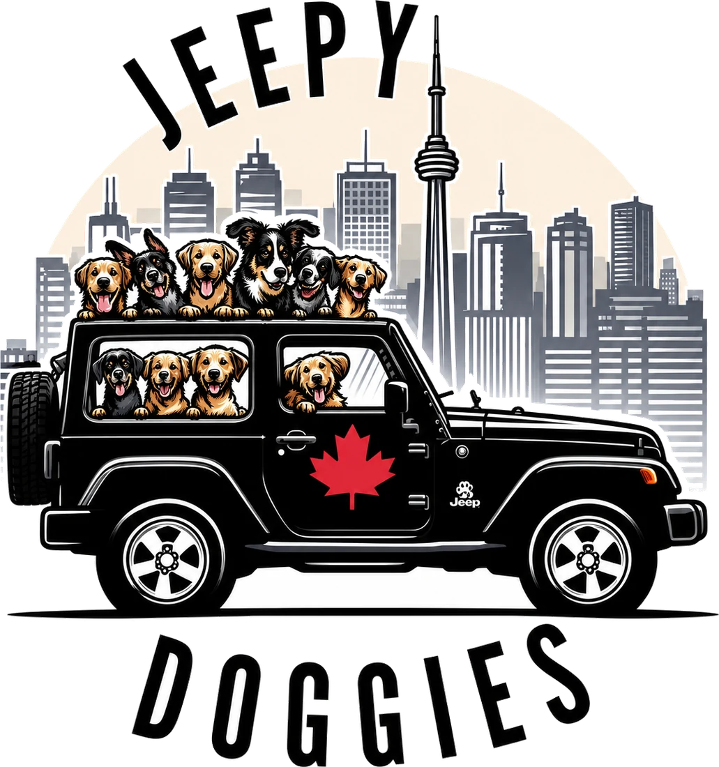 The Jeepy Doggies emblem: an illustrated black Jeep overflowing with happy dogs in front of the Toronto skyline and CN Tower